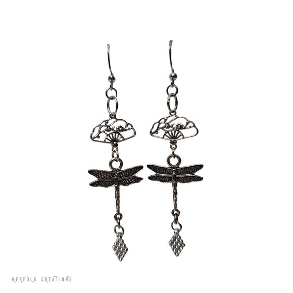 Dragonfly Plum Blossom Handmade Earrings - Picture 2 of 6